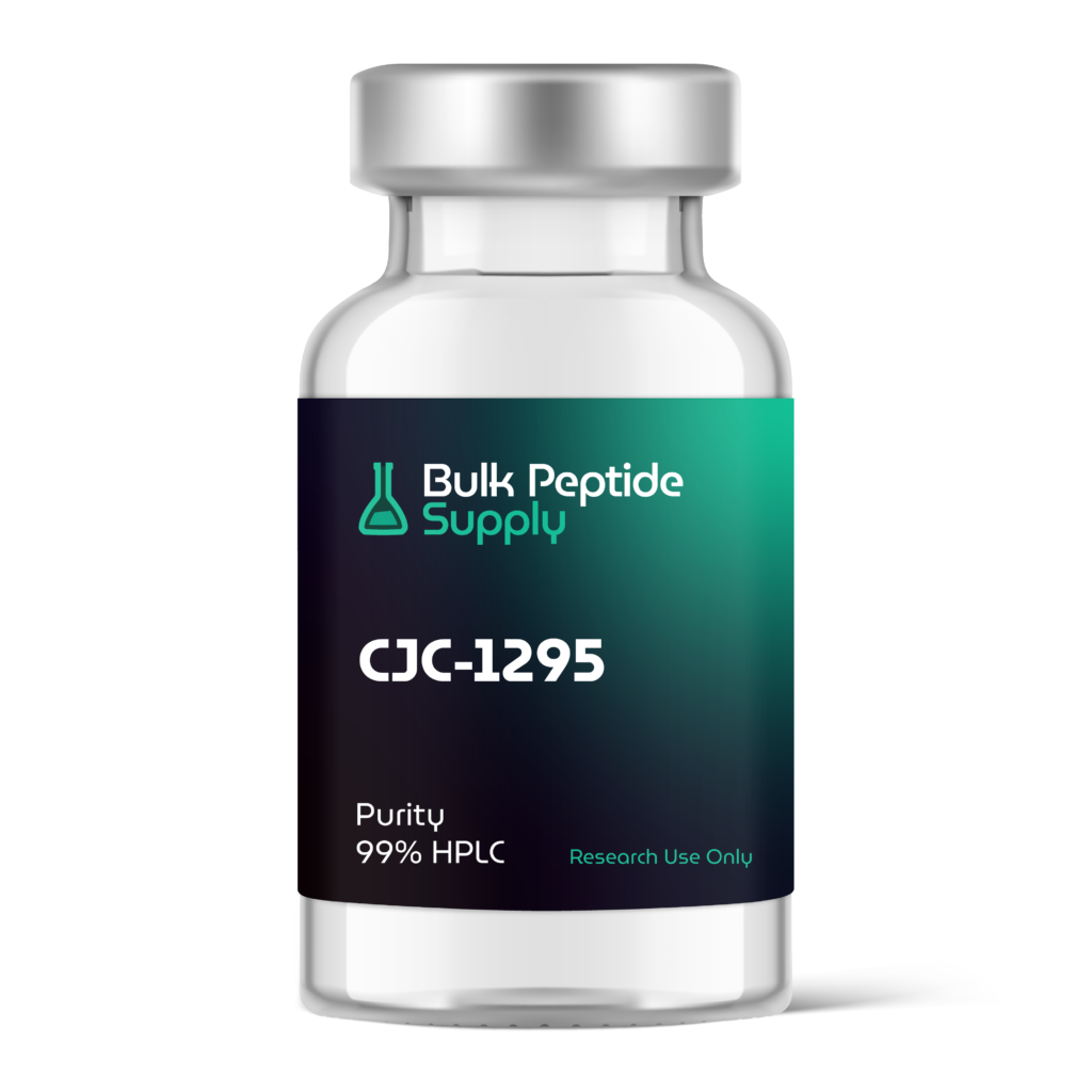 Bulk Peptide Supply CJC-1295 glass vial labeled with 99% HPLC purity for research use only.