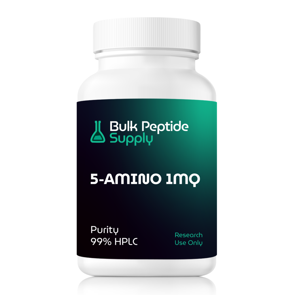 Bulk Peptide Supply 5-Amino-1MQ 50 mg capsules bottle labeled with 99% HPLC purity for research use only.