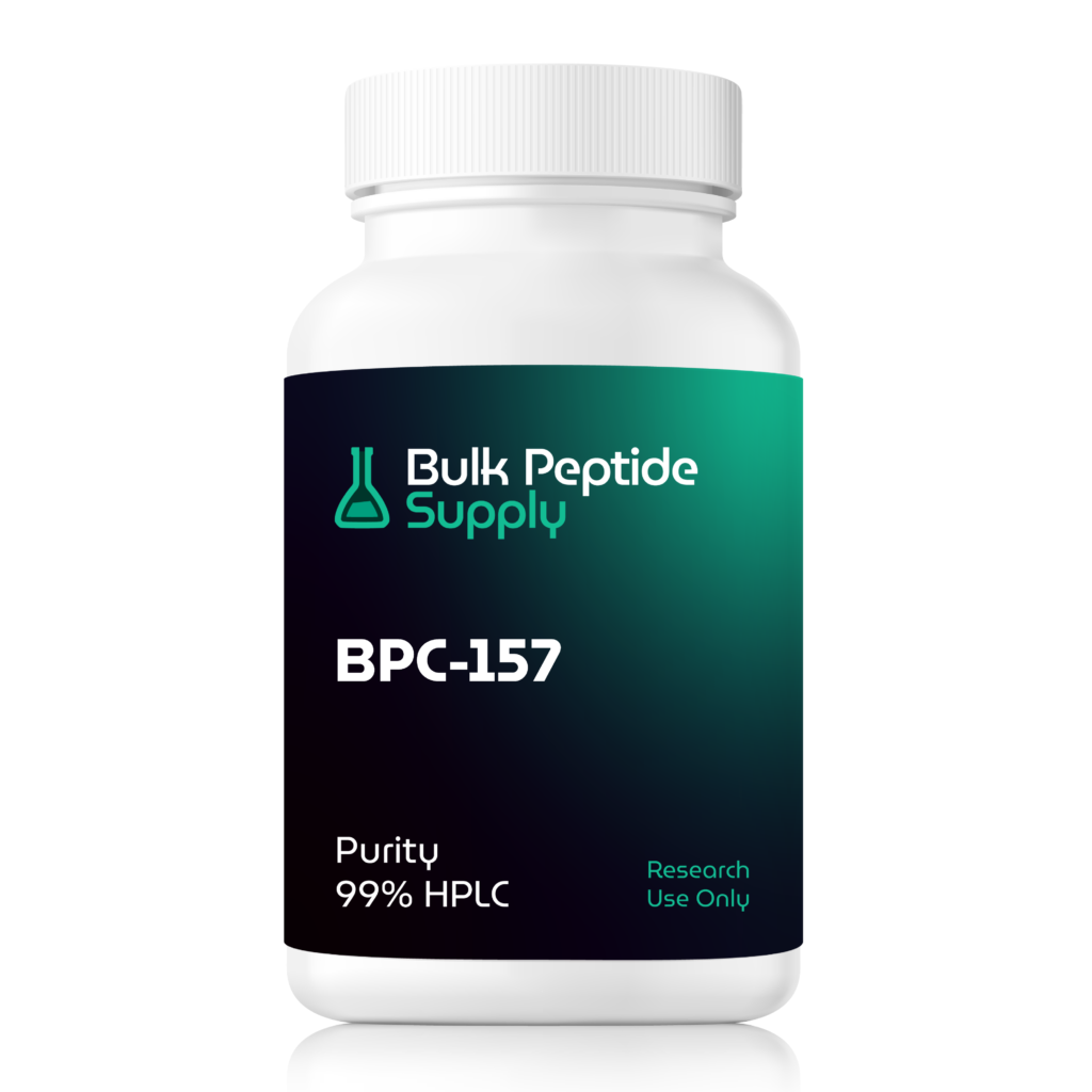 Bulk Peptide Supply BPC-157 research capsules bottle labeled with 99% HPLC purity for research use only.
