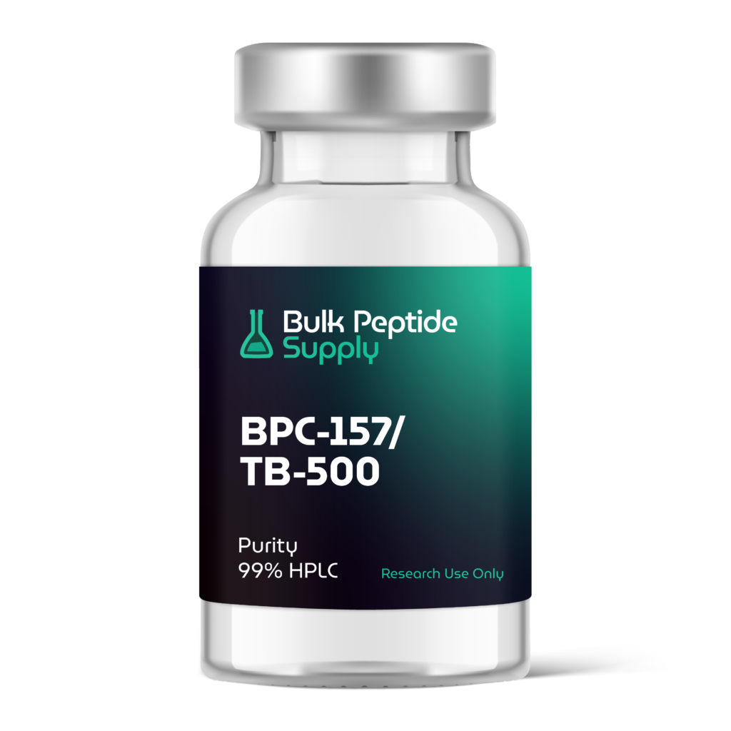 Bulk Peptide Supply BPC-157 and TB-500 blend glass vial labeled with 99% HPLC purity for research use only.