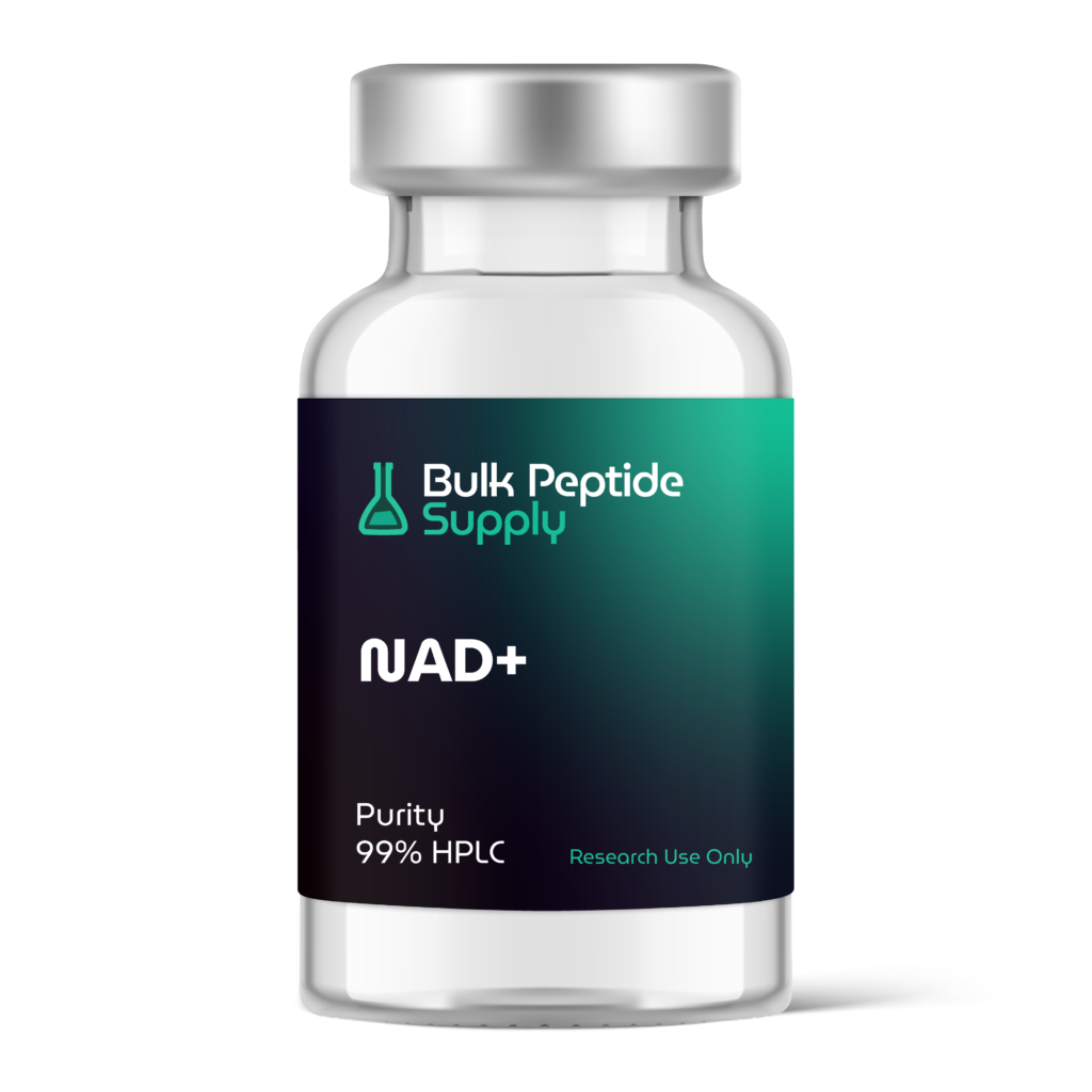 Bulk Peptide Supply NAD+ glass vial labeled with 99% HPLC purity for research use only.