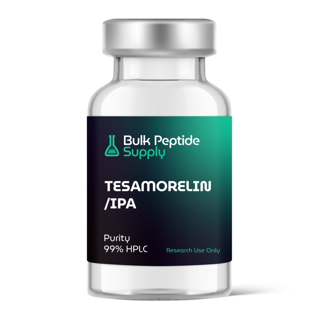 Bulk Peptide Supply Tesamorelin / IPA glass vial labeled with 99% HPLC purity for research use only.