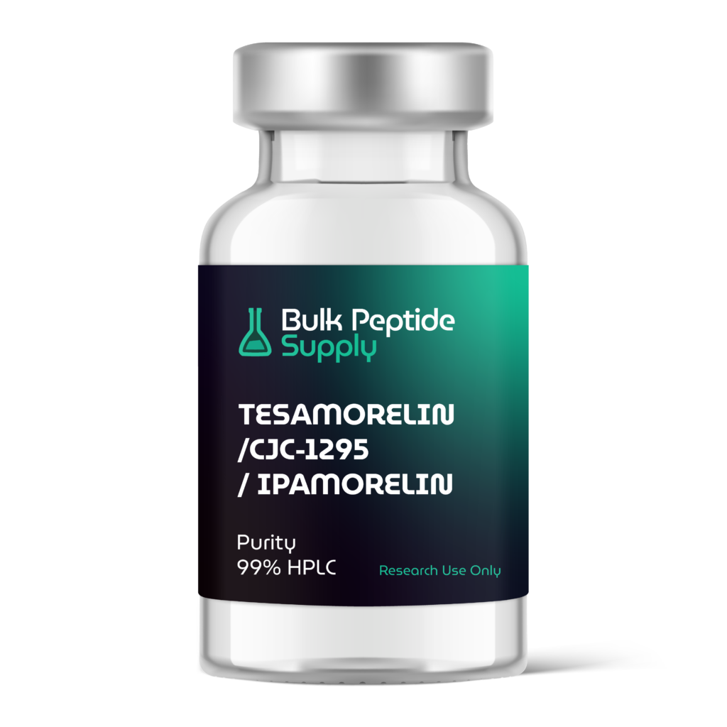 Bulk Peptide Supply Tesamorelin / CJC-1295 / Ipamorelin glass vial labeled with 99% HPLC purity for research use only.