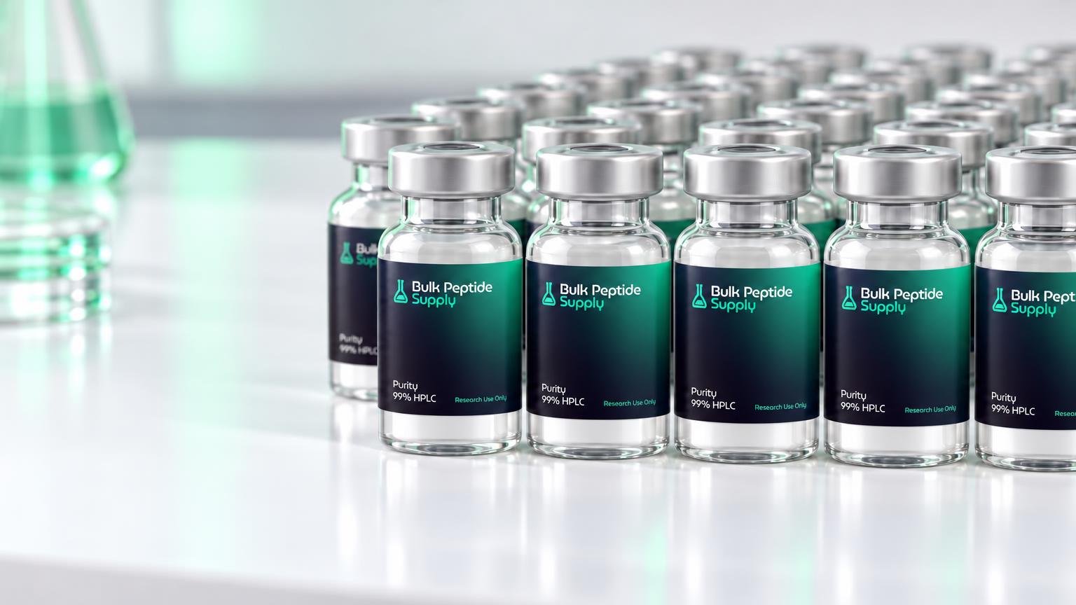 Rows of Bulk Peptide Supply vials on a lab bench